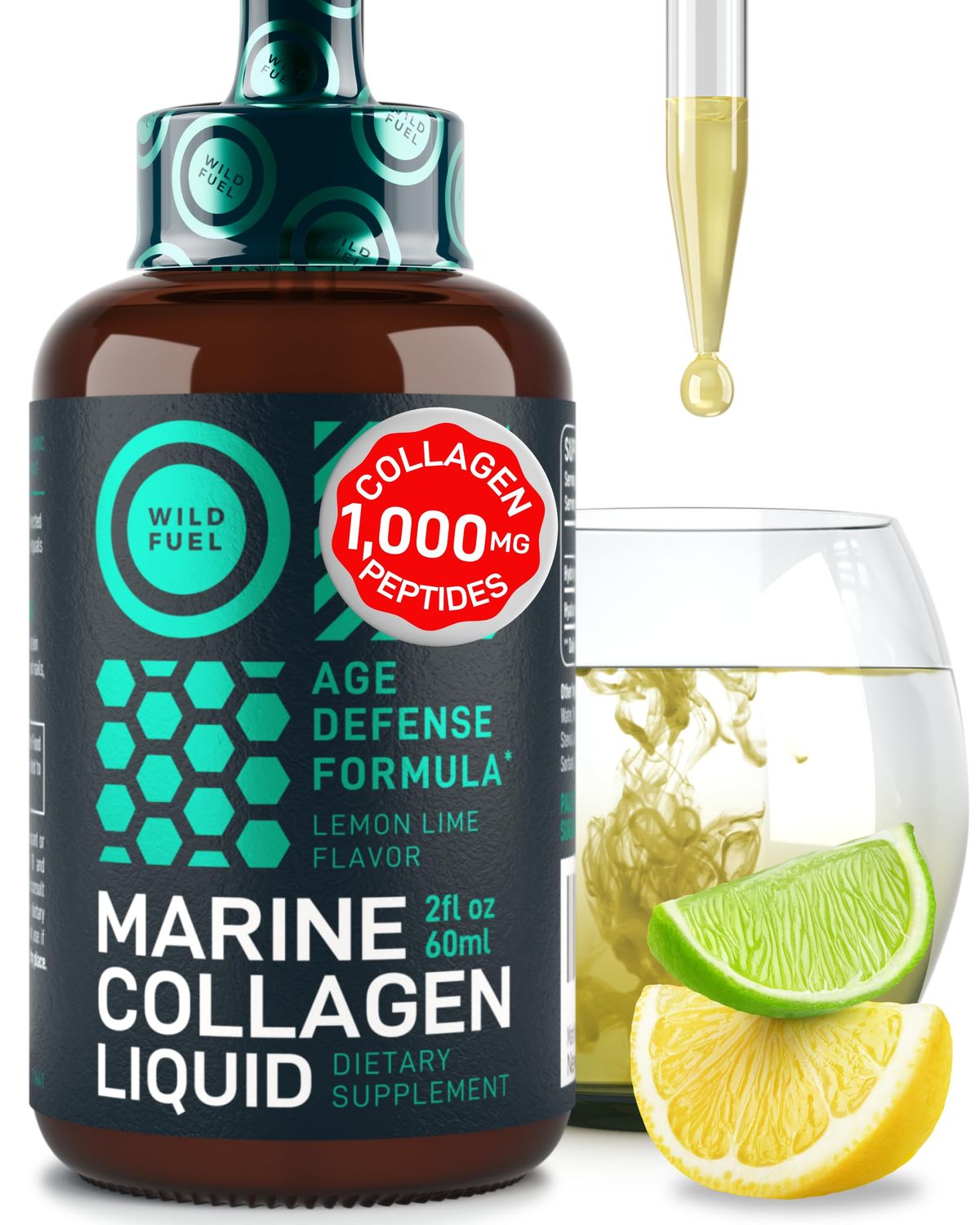 WILD FUEL Liquid Marine Collagen Peptides Supplements - 1,000mg Hydrolyzed Collagen Marine with Hyaluronic Acid 10mg - Hair Skin and Nails Vitamins - Natural Lemon Flavor, Liquid 2oz