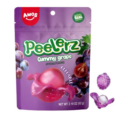 Amos Peelerz Gummy Candy Grape, Amos 4D Gummies Peelable Candy Resealable 2.19oz Bag (Pack of 8)