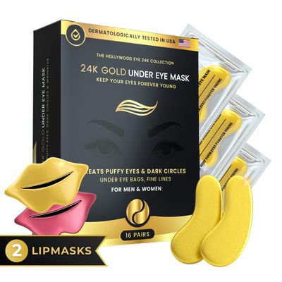 Bisou Bisou Bisou 16 Pairs Gold Under Eye Patches with 2 pieces of Lip Mask Under Eye Mask Dark Circles and Puffiness Wrinkles Patches with Hydrogel Collagen Eye Pad