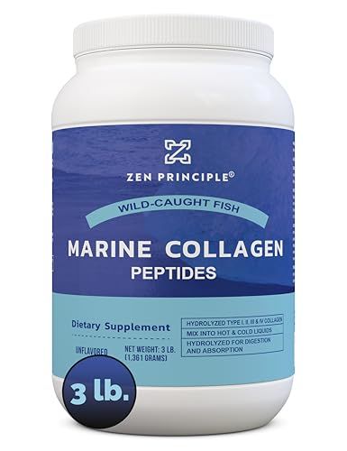 Zen Principle Marine Collagen Peptides Powder 3 lb. Wild-Caught Fish, Non-GMO. Supports Healthy Skin, Hair, Joints, and Bones. Hydrolyzed Type 1 3 Protein. Amino Acids, Unflavored, Easy to Mix.