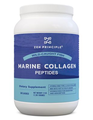 Zen Principle Marine Collagen Peptides Powder 3 lb. Wild-Caught Fish, Non-GMO. Supports Healthy Skin, Hair, Joints, and Bones. Hydrolyzed Type 1 3 Protein. Amino Acids, Unflavored, Easy to Mix.