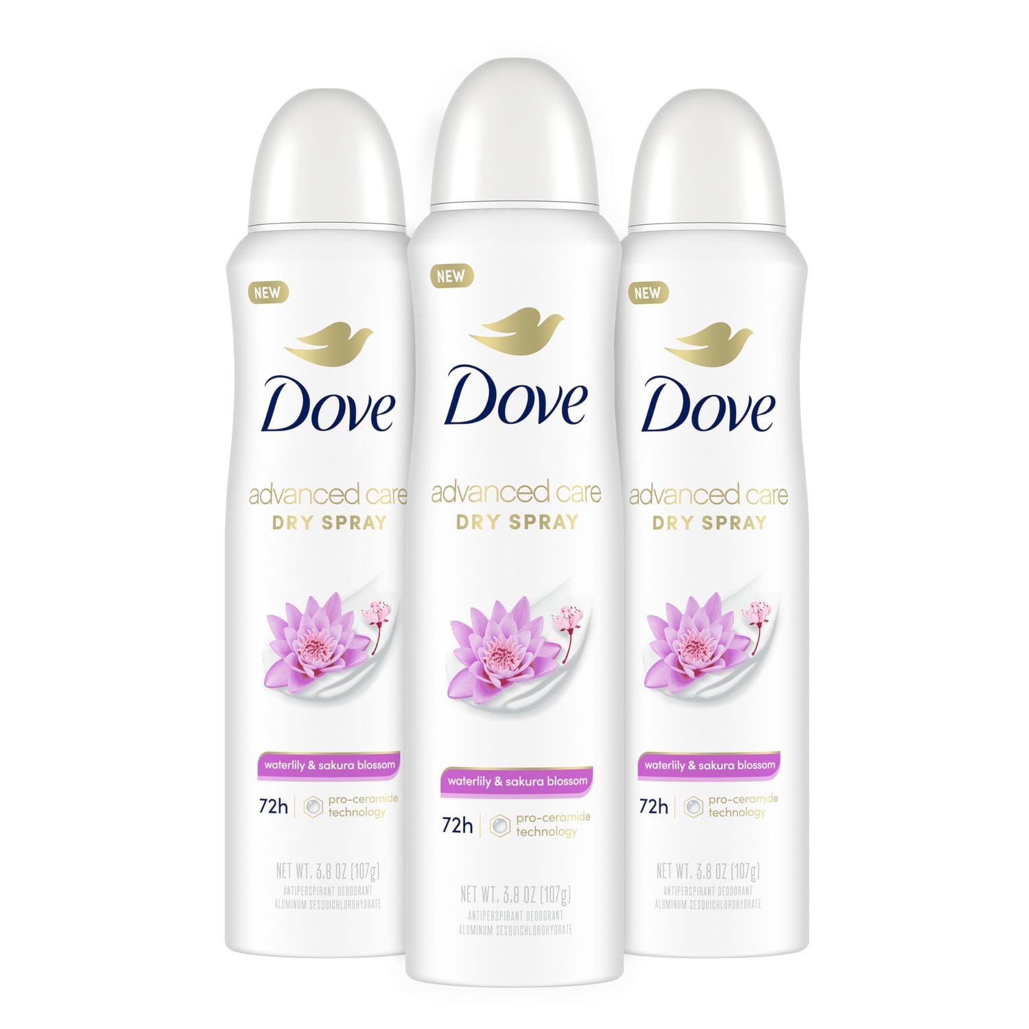 Dove Advanced Care Antiperspirant Deodorant Spray Waterlily Sakura Blossom 3 Count Moisturizing for After-Shaving Care 72-hour that boost skin&#39;s ceramide levels for Soft Underarms 3.8 oz