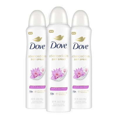 Dove Advanced Care Antiperspirant Deodorant Spray Waterlily Sakura Blossom 3 Count Moisturizing for After-Shaving Care 72-hour that boost skin&#39;s ceramide levels for Soft Underarms 3.8 oz