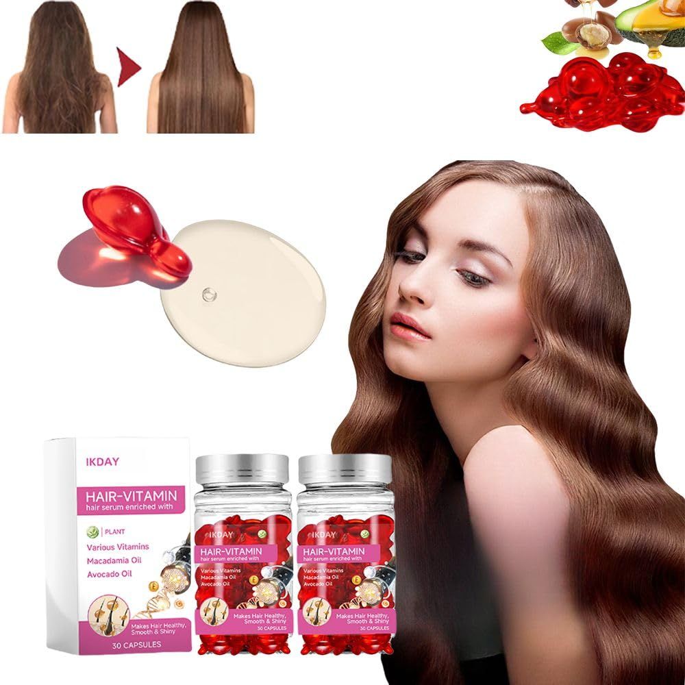 Hair Treatment Serum- Hair Vitamin Oil Capsules- Keratin Hair Treatment with Avocado Argan Oil, Vitamins A C E Pro B5 Hair Styling Serum for Frizzy Dry - no Rinse Conditioner (Red-2 bottles)