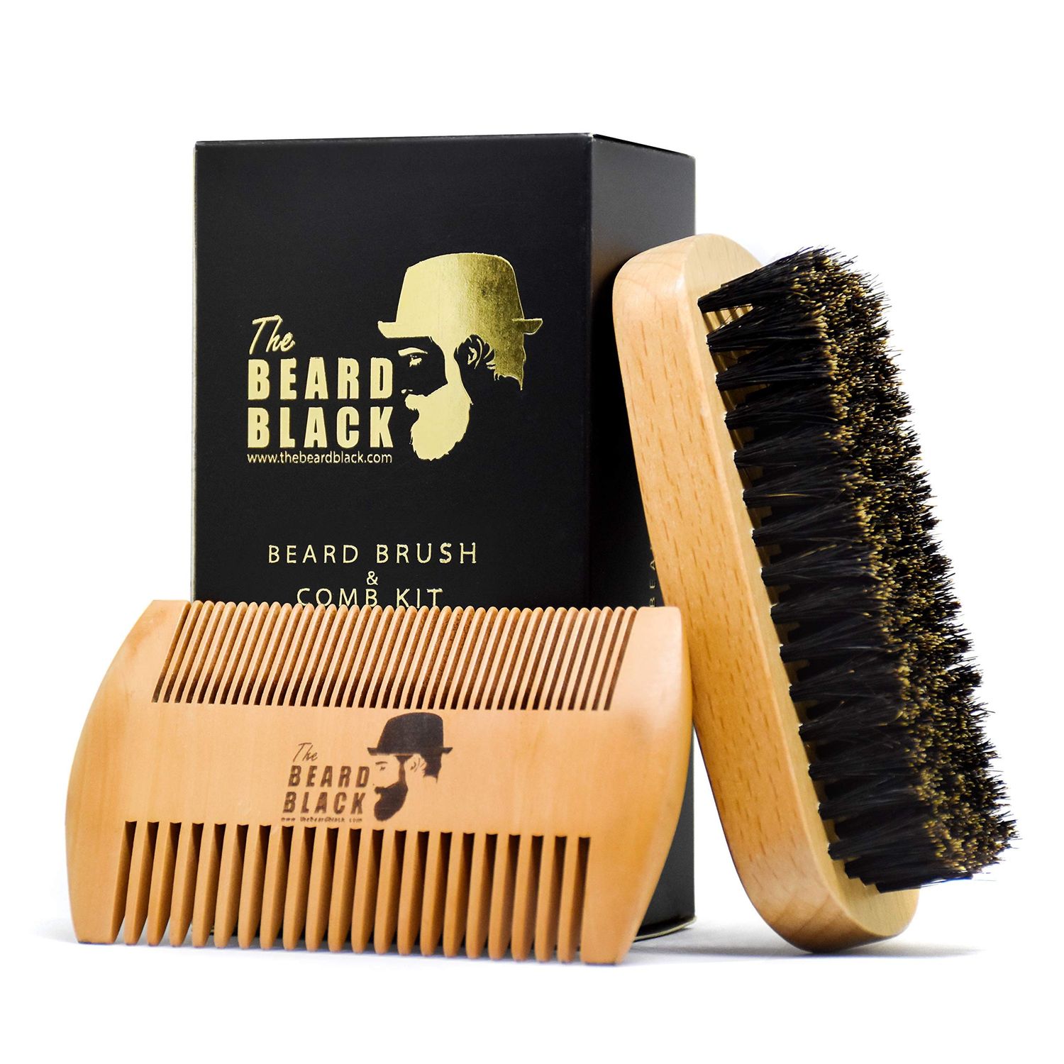 Beard Brush Comb Set for Men - Natural Boar Bristle Brush, Dual Action Pear Wood Comb, Gift Box Travel Pouch. Enhances Growth Styling with Balm Oil Distribution by The Beard Black (Black)