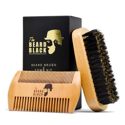Beard Brush Comb Set for Men - Natural Boar Bristle Brush, Dual Action Pear Wood Comb, Gift Box Travel Pouch. Enhances Growth Styling with Balm Oil Distribution by The Beard Black (Black)