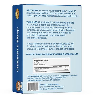 Creekside Naturals Childrens Sleep, with Melatonin and Chamomile, Zero Sugar, Vegan, Pediatrician Formulated, Orange Dream Flavor, 30 EZ Melt Tablets