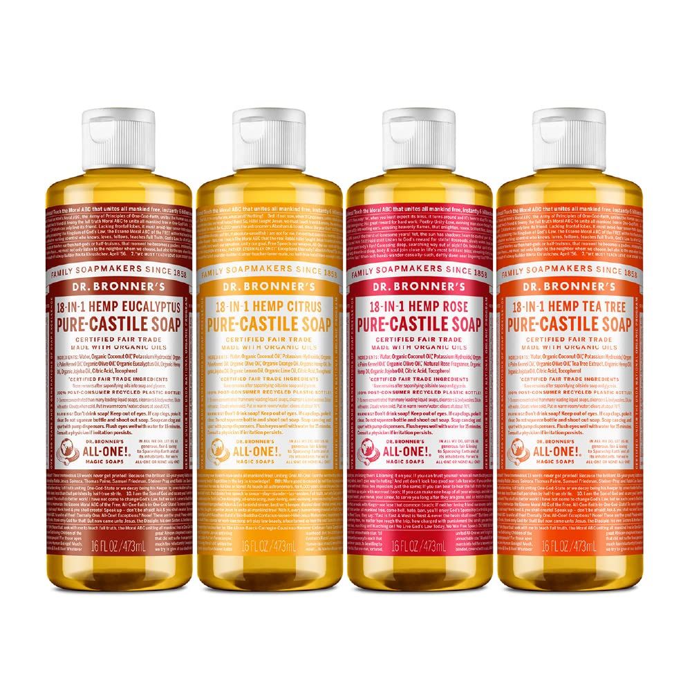 Dr. Bronner&#39;s - Pure-Castile Liquid Soap Variety Pack - Eucalyptus, Citrus, Rose, Tea Tree, Made wOrganic Oils, 18-in-1 Uses: Face, Body, Hair, Laundry, Pets, Dishes, Etc. (16oz, 4-Pack)
