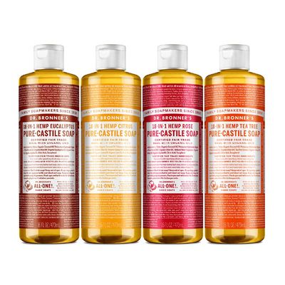 Dr. Bronner&#39;s - Pure-Castile Liquid Soap Variety Pack - Eucalyptus, Citrus, Rose, Tea Tree, Made wOrganic Oils, 18-in-1 Uses: Face, Body, Hair, Laundry, Pets, Dishes, Etc. (16oz, 4-Pack)