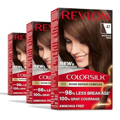 Revlon ColorSilk with Bond Repair Complex, Brown Permanent Hair Color, 100 Gray Coverage, Ammonia Free Hair Dye, Vegan Keratin, 47 Medium Rich Brown (Pack of 3)