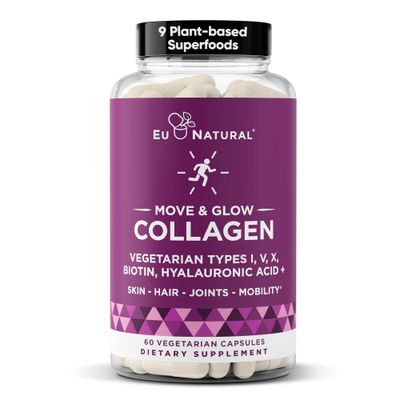 Move Glow Collagen Pills for Women Men - Vegetarian Multi-Collagen (Type I-V-X) with 9 Plant-based Superfoods for Skin Health Joint Support - Biotin, Vitamin C, Vitamin E, 60 Vegetarian Capsules