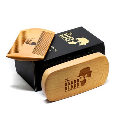 Beard Brush Comb Set for Men - Natural Boar Bristle Brush, Dual Action Pear Wood Comb, Gift Box Travel Pouch. Enhances Growth Styling with Balm Oil Distribution by The Beard Black (Black)