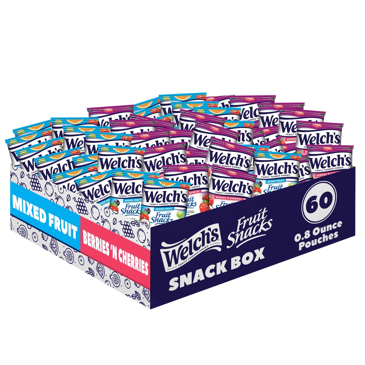 Welch&#39;s Fruit Snacks, Mixed Fruit Berries &#39;N Cherries Variety Pack, Great for School Lunches, Bulk Pack, Individual Single Serve Bags, 0.8 oz (Pack of 60)