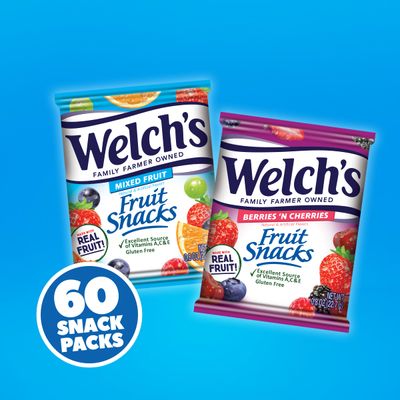 Welch's Fruit Snacks, Mixed Fruit Berries 'N Cherries Variety Pack, Great for School Lunches, Bulk Pack, Individual Single Serve Bags, 0.8 oz (Pack of 60)