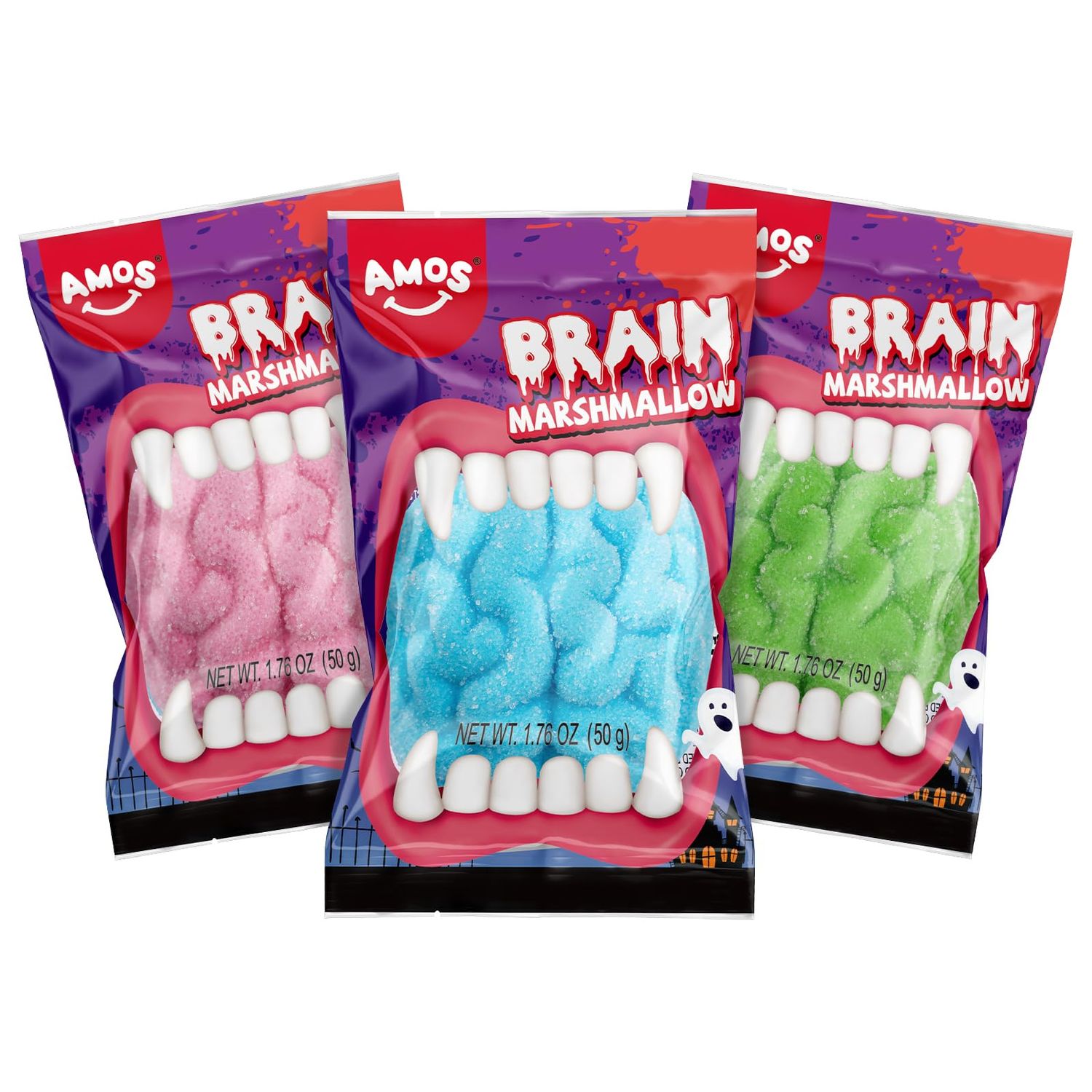 Amos Halloween Gummy Brain Marshmallow, Mixed Fruit Flavors, 5.29oz Pack Individually Wrapped 3 Pieces - Trick or Treat Bags