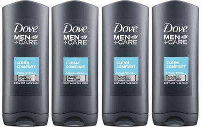 Dove Men Care Body and Face Wash, Hydrating Clean Comfort, 250 ml (8.5 fl oz), Value Bundle - Pack of 4