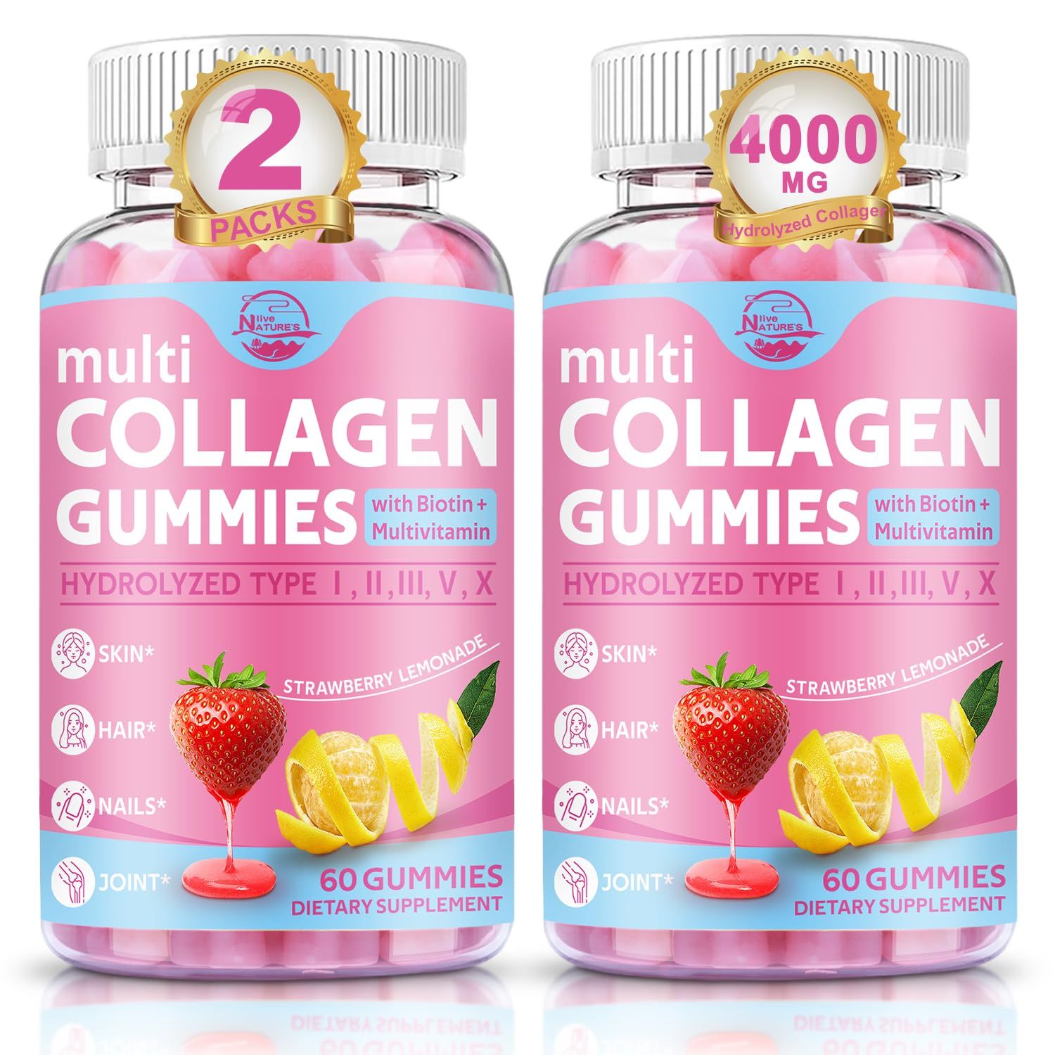 Multi Collagen Peptides Gummies, Type I, II, III, V, X - Hydrolyzed Collagen Peptides with Biotin, Hyaluronic Acid, Supports Healthy Skin, Strong Nails Thick Hair, 60 Count, 2 Pack
