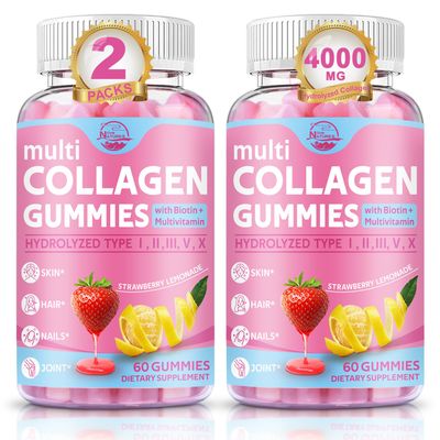 Multi Collagen Peptides Gummies, Type I, II, III, V, X - Hydrolyzed Collagen Peptides with Biotin, Hyaluronic Acid, Supports Healthy Skin, Strong Nails Thick Hair, 60 Count, 2 Pack