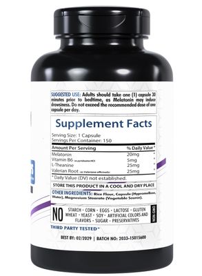 Healthfare Melatonin 20mg 150 Veg Capsules Complex with L-Theanine Valerian Root Vitamin B6 Vegetarian Formula Non-GMO Gluten-Free Made in The USA