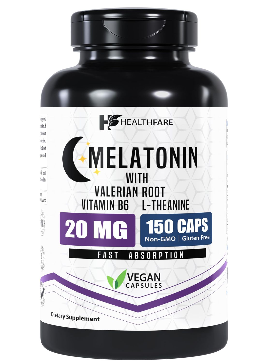 Healthfare Melatonin 20mg 150 Veg Capsules Complex with L-Theanine Valerian Root Vitamin B6 Vegetarian Formula Non-GMO Gluten-Free Made in The USA