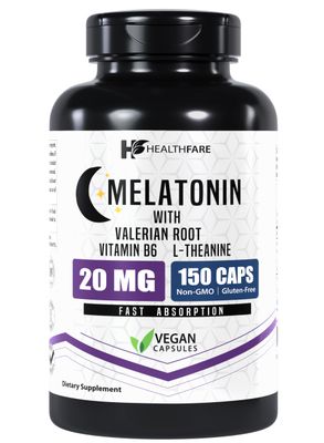 Healthfare Melatonin 20mg 150 Veg Capsules Complex with L-Theanine Valerian Root Vitamin B6 Vegetarian Formula Non-GMO Gluten-Free Made in The USA
