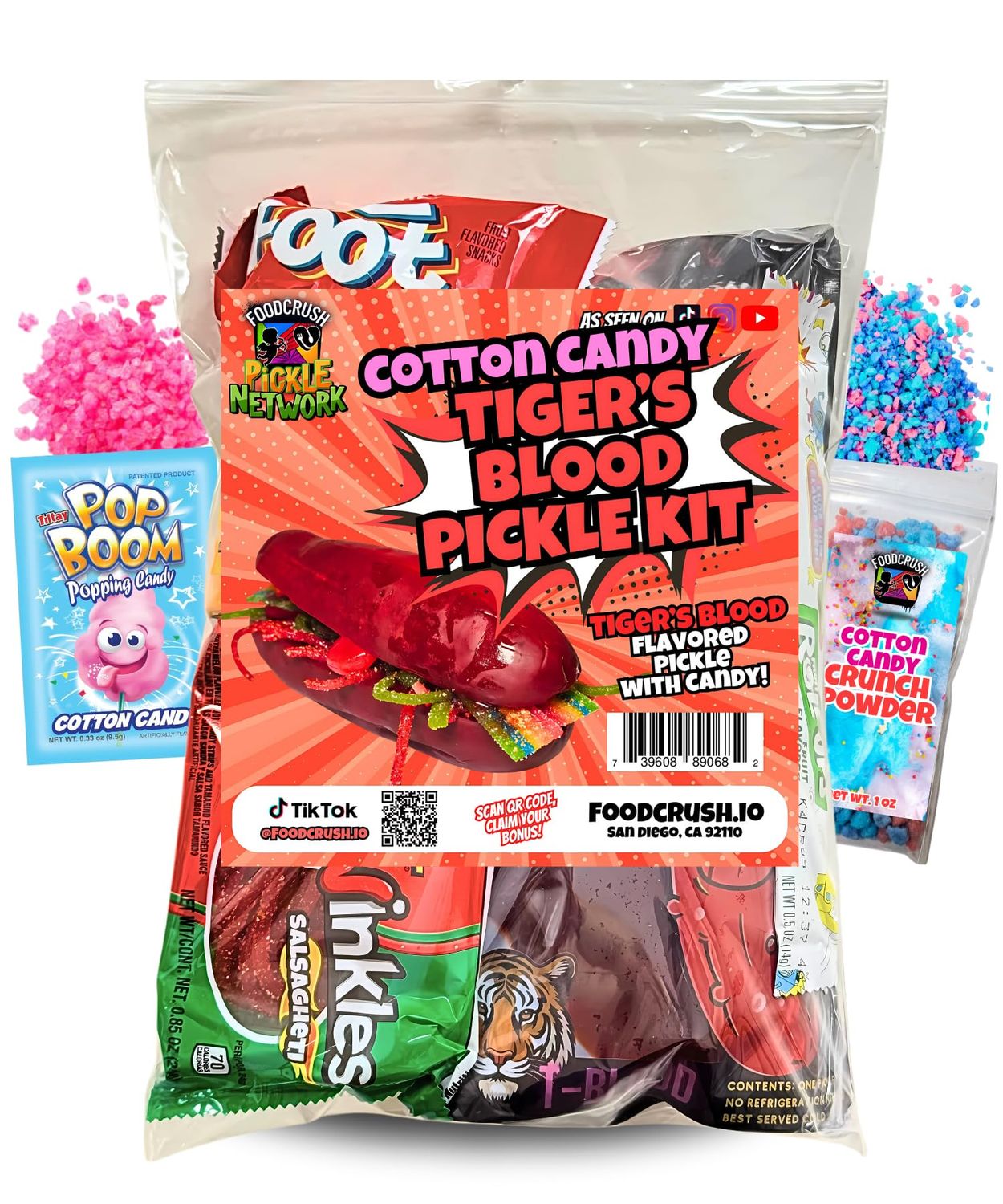 Tigers Blood (Coconut Cherry) Cotton Candy Pickle Kit-Tiktok Candy Gift Pouch (13 Pcs)-Easter Gifts For Teens, Kids, Girls, Boys, BF, GF w Fruit Roll ups, skwinkles Mexican snacks Variety Pack