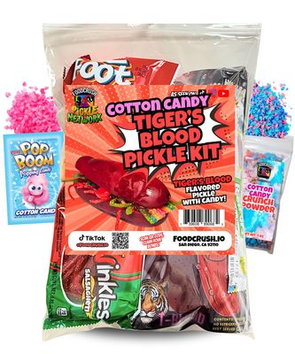Tigers Blood (Coconut Cherry) Cotton Candy Pickle Kit-Tiktok Candy Gift Pouch (13 Pcs)-Easter Gifts For Teens, Kids, Girls, Boys, BF, GF w Fruit Roll ups, skwinkles Mexican snacks Variety Pack