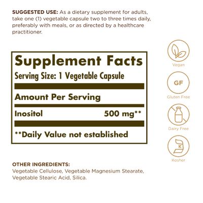 Solgar Inositol 500 mg - 100 Vegetable Capsules - Supports Cellular Function Brain Health - Vegan, Gluten Free, Dairy Free, Kosher - 100 Servings