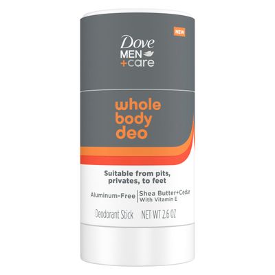 Dove MenCare Whole Body Deo Aluminum-Free Deodorant Stick Shea Butter Cedar from Pits, Privates, to Feet with Vitamin E 2.6 oz
