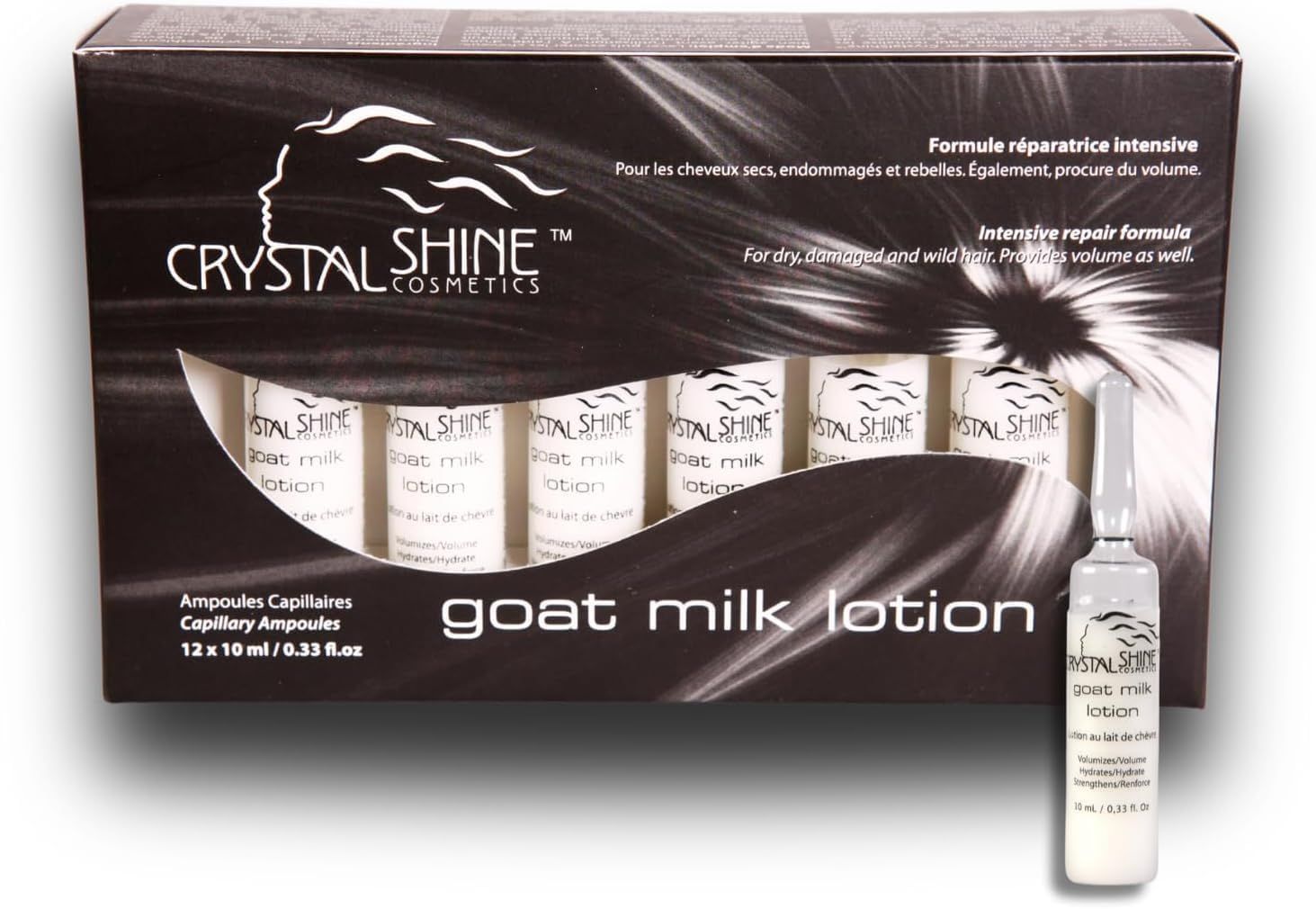 Crystal Shine -Ampoule with Goat&#39;s Milk for Hair Crystal Shine - Hair Gloss Oil Intensive Repair for Dry, Damaged and Frizzy Hair Formula to Control Shine, Volume, and Curl (0.33 fl.oz each, 12 Packs)