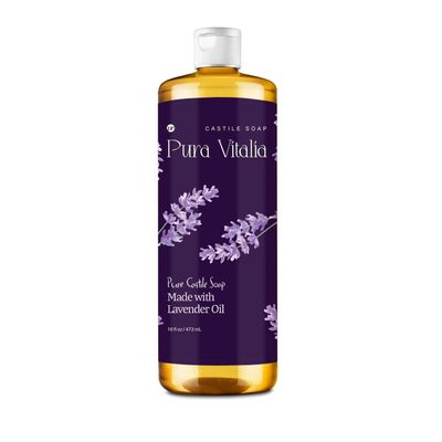 Pura Vitalia Lavender Pure Castile Soap Liquid with Olive Oil Essential Oils; for Face Wash, Hand, Body, Laundry, and Beyond, Eco-friendly fully Biodegradable Organic Castile Soap, 16 fl oz.