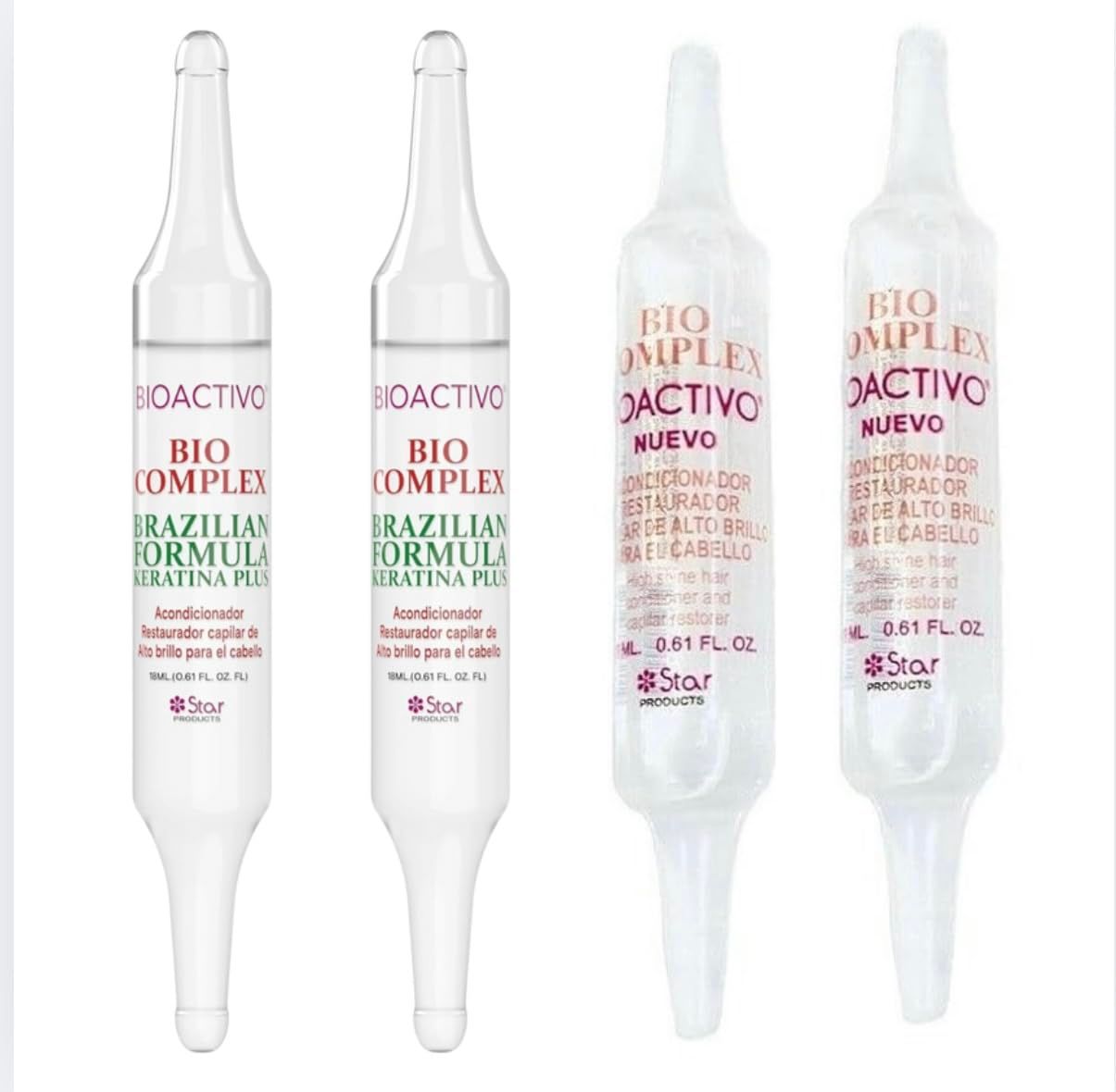 Bio Complex Bioactivo Brazilian Formula Keratin Plus - Intensive Hair Repair Ampoules - Deep Conditioning, Shine Restorer Anti-Frizz Treatment - 0.61 fl oz Each - Star Products (4-Pack)