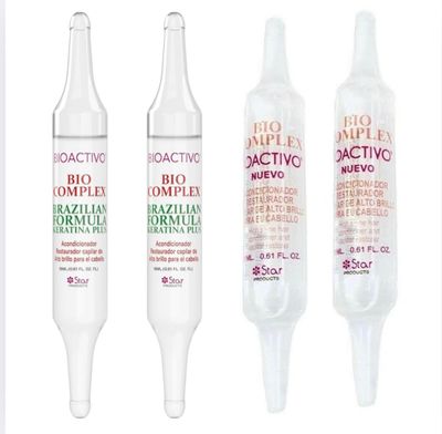 Bio Complex Bioactivo Brazilian Formula Keratin Plus - Intensive Hair Repair Ampoules - Deep Conditioning, Shine Restorer Anti-Frizz Treatment - 0.61 fl oz Each - Star Products (4-Pack)