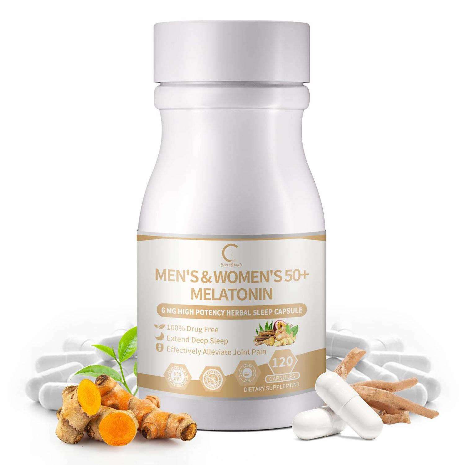 Elderly Melatonin 6mg Capsules with Turmeric L-Theanine - 60-Day Supply, Extended-Release Sleep Aids for Adults, Supports Joint Health for Senior, Non-Habit Formula, Easy to Swallow
