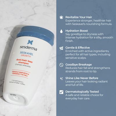 Sesderma SESKAVEL Anti-hair loss shampoo 8.45 fl. Oz Formula with Growth Factors Hair Treatment with Extract of Sabal Caffeine Fragile Hair
