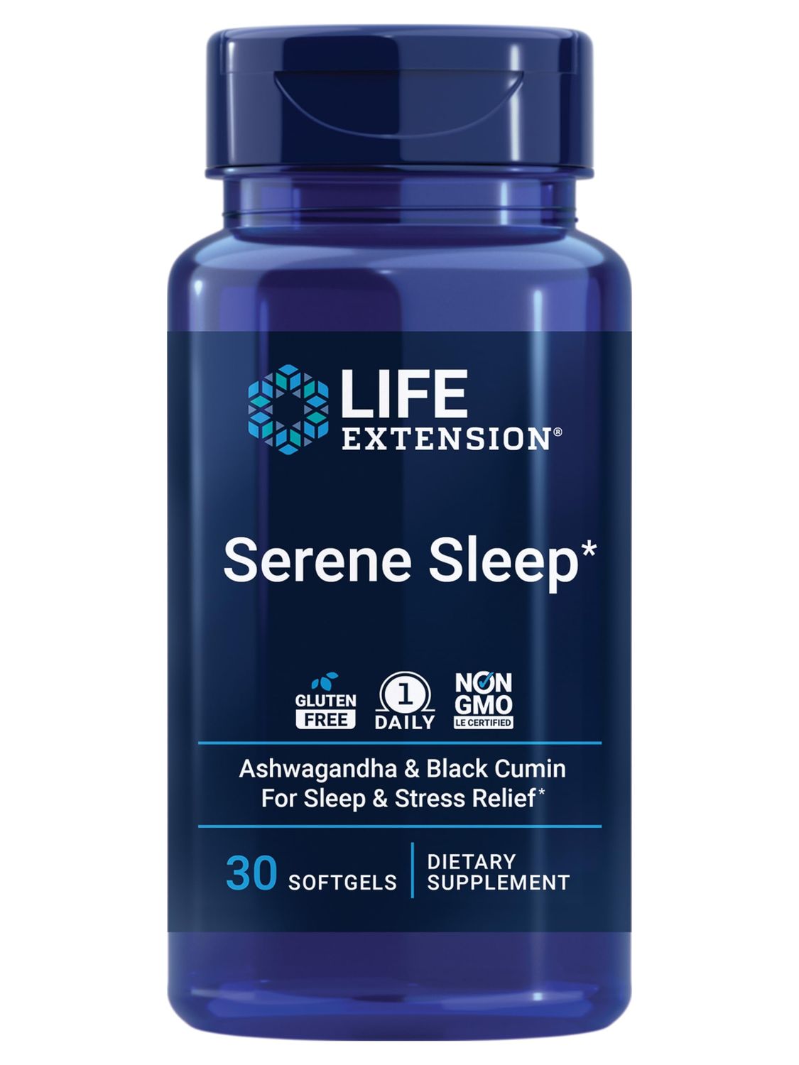 Life Extension Serene Sleep - Ashwagandha, Black Cumin - Sleep Supplement, Calm, Relaxation, Sleep Support Without Melatonin - Once-Daily, Gluten-Free, Non-GMO - 30 Softgels