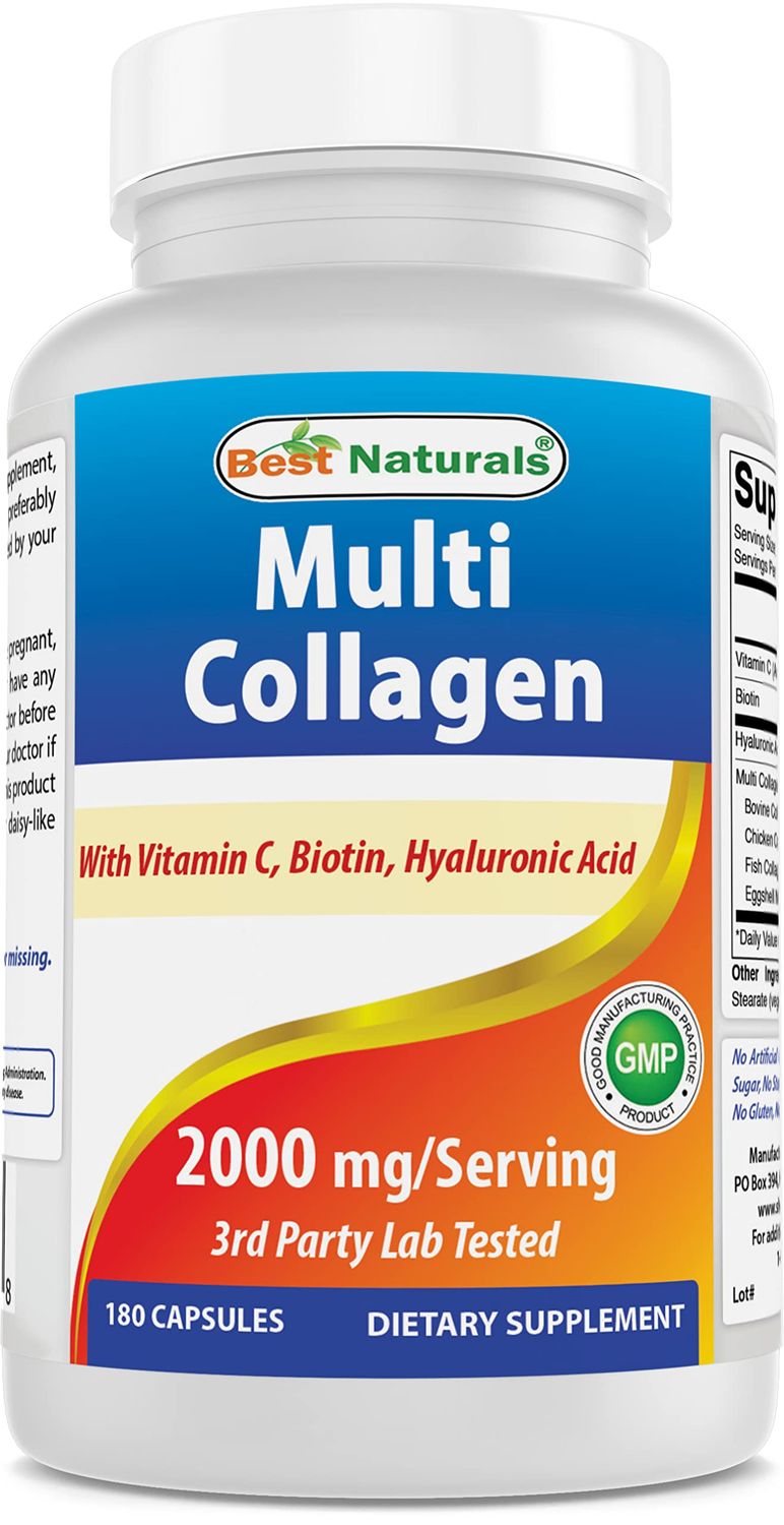 Best Naturals Multi Collagen Pills 2000mg for Women Men - Hydrolyzed Collagen Peptides Capsules for Hair Skin and Nails with Types I II III V X, Biotin, Hyaluronic Acid Vitamin C
