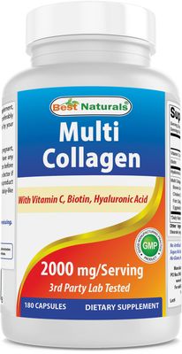 Best Naturals Multi Collagen Pills 2000mg for Women Men - Hydrolyzed Collagen Peptides Capsules for Hair Skin and Nails with Types I II III V X, Biotin, Hyaluronic Acid Vitamin C