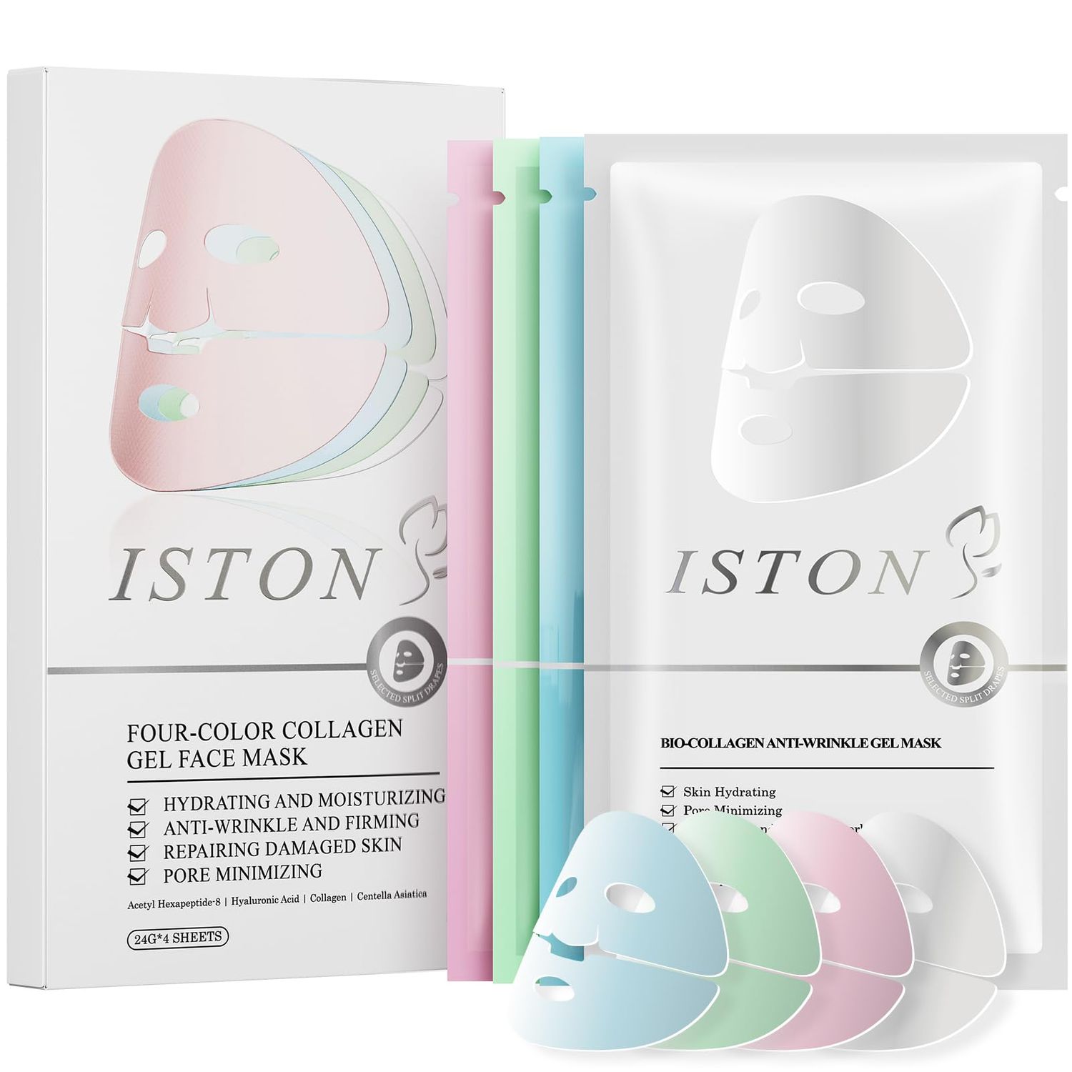 ISTON 4-in-1 Collagen Face Mask Set Overnight Hydration Anti-Aging Hydrogel Sheet Masks with Collagen, Hyaluronic Acid, Niacinamide, Peptides Centella for Wrinkle Reduction Glowing Skin