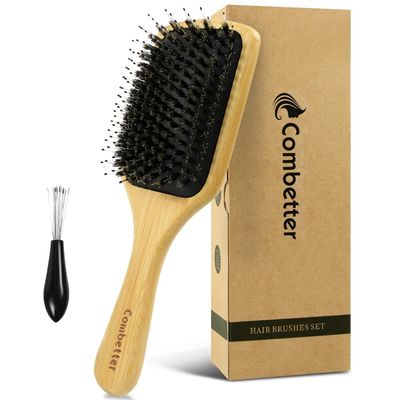 Combetter Boar Bristle Hair Brush Natural Wooden Paddle Detangler HairBrush-Smoothing Shine Brush for Slick Back Styles, Ponytails Buns - for WomenMenKids with Curly, Long, Fine or Dry Hair
