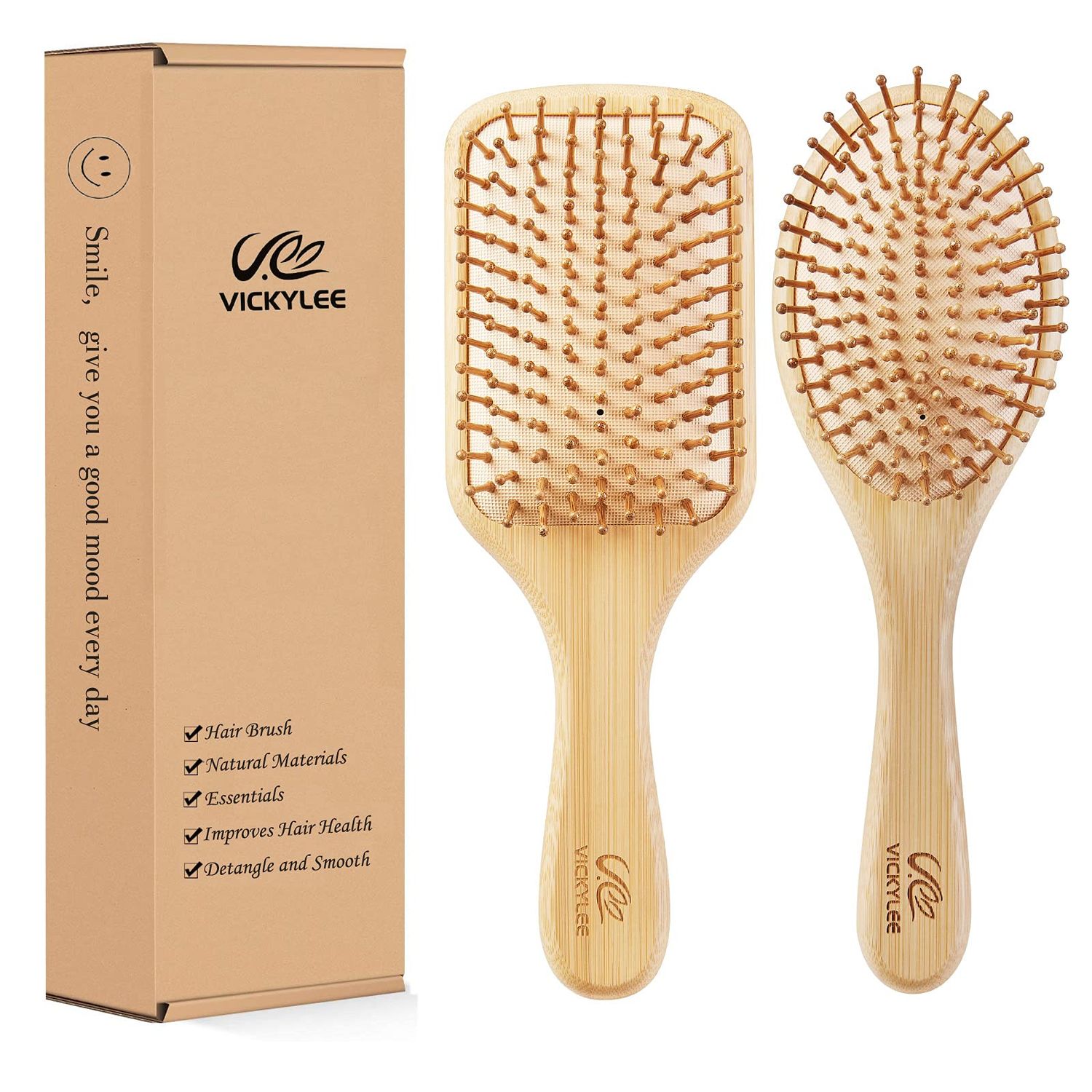 VICKYLEE Natural Wooden Hair Combs set 2 in 1 Bamboo Bristle Detangling Hairbrush for Elderly Adults,Man,Woman Reduce Frizz, Massage Scalp for Straight Curly Wavy Dry Wet Thick or Fine Hair