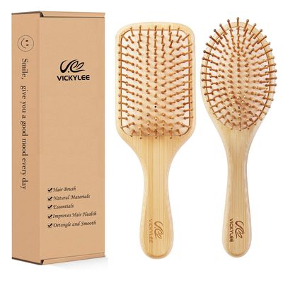 VICKYLEE Natural Wooden Hair Combs set 2 in 1 Bamboo Bristle Detangling Hairbrush for Elderly Adults,Man,Woman Reduce Frizz, Massage Scalp for Straight Curly Wavy Dry Wet Thick or Fine Hair