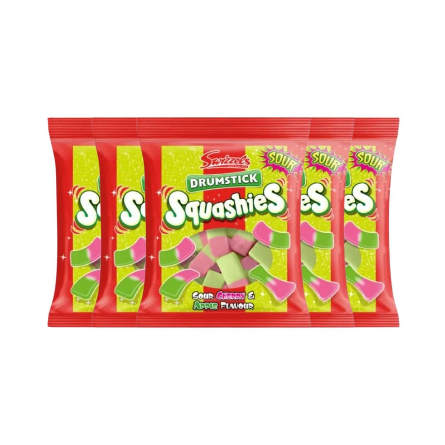 Squashies DrumStick Sour Cherry Apple Flavor Candies - MultiPack - 120G (5 PACK BUNDLE) - Imported from UK (Cherry)