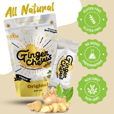 Fusion Select Ginger Chews - Sweet Soft Candied Delights From Indonesia - Promotes Relief From Morning Sickness, Upset Stomach - Made from Real Ginger Root, Non-GMO, Vegan Candy (4 Variety Flavors)
