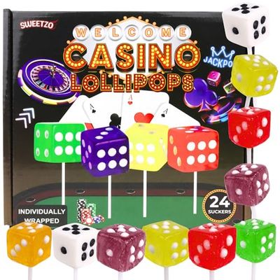 Dice Shaped Lollipops, Casino Themed Candy for Parties and Events, Bulk Individually Wrapped Suckers, Fruit Flavored (24 Pieces)