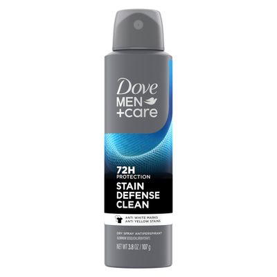 Dove MenCare Antiperspirant Deodorant Dry Spray Stain Defense Clean For Men Anti-White Marks Yellow Stains, 72-hour Sweat and Odor Protection with Triple Defense Technology 3.8 oz