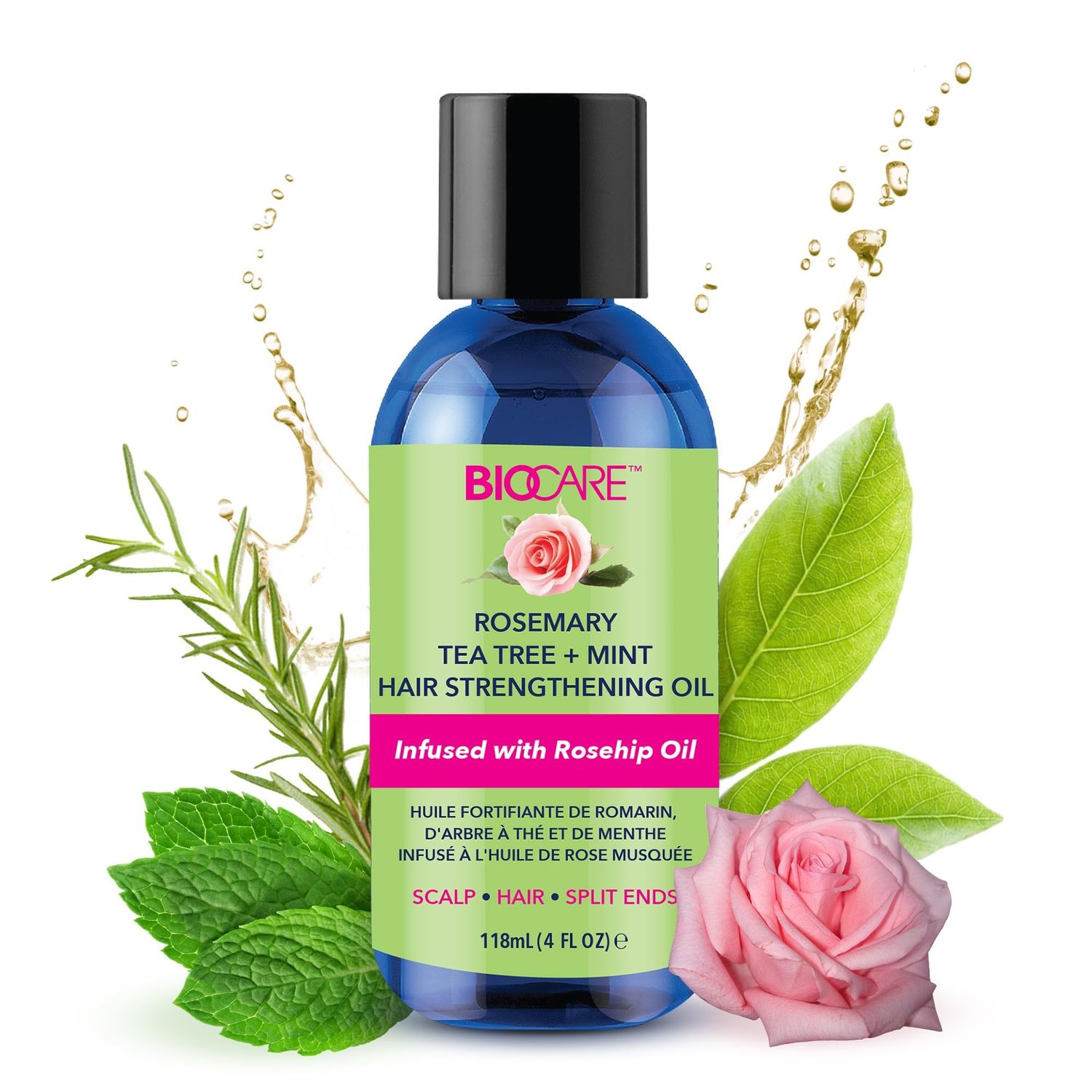 Biocare Rosemary Tea Tree Mint Hair Strengthening Oil 4oz - Super Growth Moisture, Essential Oils for Dry Scalp, Split Ends Hair Growth, Scalp Stimulator, Anti-Frizz, Hair Thickening