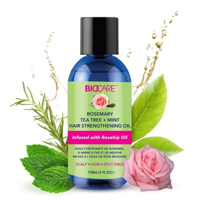 Biocare Rosemary Tea Tree Mint Hair Strengthening Oil 4oz - Super Growth Moisture, Essential Oils for Dry Scalp, Split Ends Hair Growth, Scalp Stimulator, Anti-Frizz, Hair Thickening