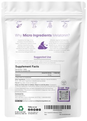 Micro Ingredients Melatonin 10mg, 400 Tablets Natural Strawberry Flavor Fast Dissolve No Drug Vegetarian Friendly Non-GMO, No Gluten, Sugar Free