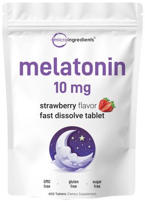 Micro Ingredients Melatonin 10mg, 400 Tablets Natural Strawberry Flavor Fast Dissolve No Drug Vegetarian Friendly Non-GMO, No Gluten, Sugar Free